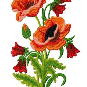May include: Embroidered floral design featuring vibrant orange and red poppies with black centers, green leaves, and red bell-shaped flowers. The detailed needlework creates a textured, three-dimensional effect, perfect for textile art or craft projects.