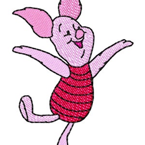 May include: A pink embroidered image of a cartoon pig with a red striped shirt, arms outstretched, and one leg raised. The pig has large ears and a smiling expression, set against a white background.