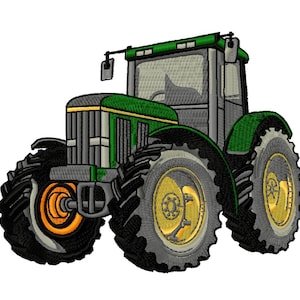 Puede incluir: Un tractor verde y negro con neumáticos grandes. El tractor tiene una franja amarilla en el capó y una cabina gris.