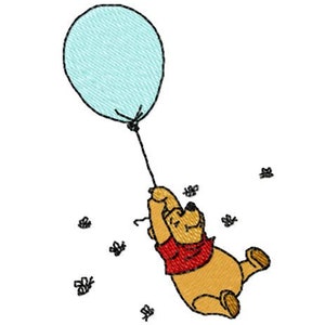 POOH, BALLOON & BEES: enkele machine borduurontwerp voor 4 x 4" ring in 8 formaten **Beschrijving lezen**
