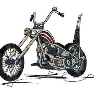 May include: A blue and white chopper motorcycle with a red, white, and blue stripe on the gas tank. The motorcycle has a long, curved front fender and a high, sissy bar.