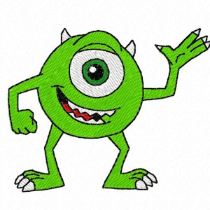 May include: A green one-eyed monster with a toothy grin and three claws on each foot. The monster is waving with its right arm.