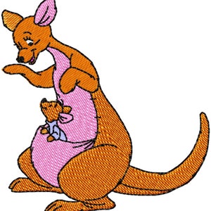 May include: An embroidered design of a cartoon kangaroo in shades of orange, pink, and brown. The kangaroo has a pouch with a smaller kangaroo inside. The design is detailed with textured stitching, and the kangaroo is smiling.