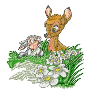 May include: Embroidered design featuring a fawn and a rabbit in a field of white flowers and green grass.