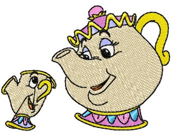 MRS POTTS & CHIP - Single Machine Embroidery Design for 4x4&quot; hoop in 8 formats **Read Description**