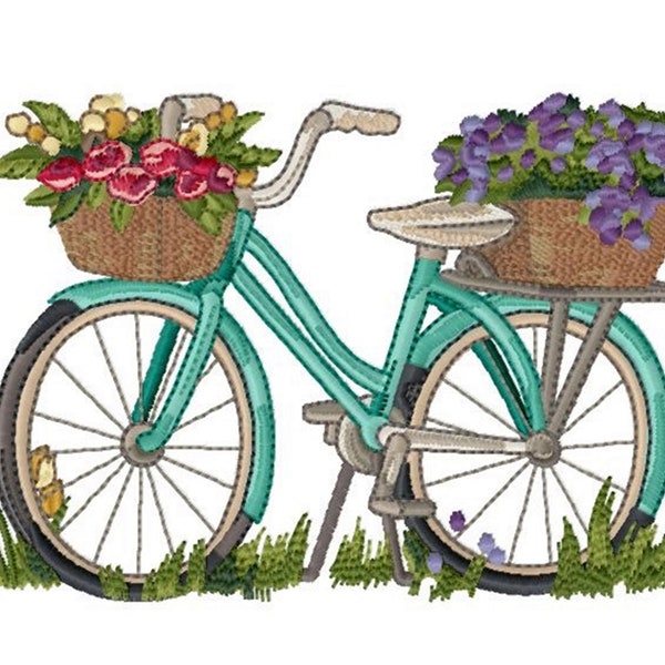 BICYCLE WITH BASKETS - Single Machine Embroidery Design for 5x7" hoop in 7 formats **Read Description**