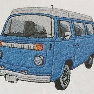 May include: A blue vintage camper van with a white roof and a white bumper. The van has a white stripe running along the side and a white stripe running along the bottom.