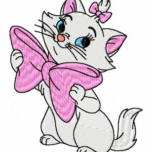 Può includere: Un gatto bianco dei cartoni animati con occhi blu e un fiocco rosa. Il gatto tiene un grande fiocco rosa nelle sue zampe.
