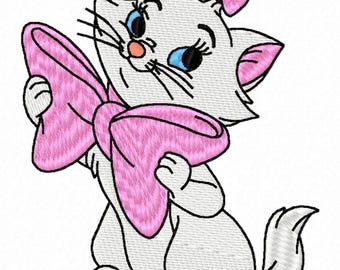 Puede incluir: Un gato de dibujos animados blanco con ojos azules y un lazo rosa. El gato sostiene un lazo rosa grande en sus patas.