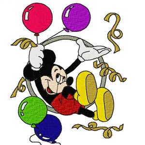 MICKEY WITH BALLOONS & Streamers - Single Machine Embroidery Design for 5x7" hoop in 7 formats **Read Description**