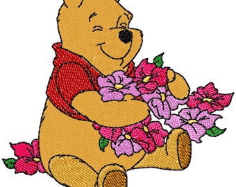 POOH IN FLOWERS - Single Machine Embroidery Design for 4x4" hoop in 8 formats **Read Description**