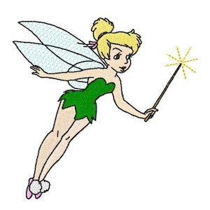 May include: A cartoon illustration of Tinkerbell, a fairy with blonde hair, green wings, and a green dress, flying with a magic wand.