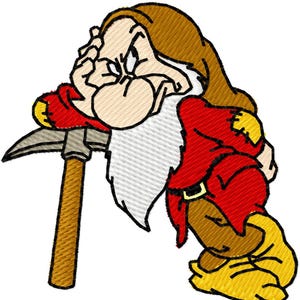 May include: A grumpy cartoon dwarf with a brown beard and red shirt leans on a pickaxe. He has a furrowed brow and a stern expression.