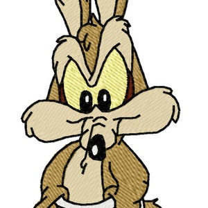 Pode incluir: Um coiote de desenho animado usando uma fralda, com olhos grandes e uma expressão surpresa. O coiote é marrom e tem um focinho longo.