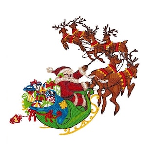 May include: Embroidered image of Santa Claus in a red suit and hat, driving a green sleigh pulled by eight brown reindeer with red harnesses. The sleigh is filled with wrapped gifts and toys, with a bell hanging off the side. A festive Christmas design.