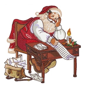 May include: An embroidered image of Santa Claus sitting at a wooden desk, writing on a long list. He is wearing a red suit and hat, with a white beard. A lit candle and a bag of letters are also visible.