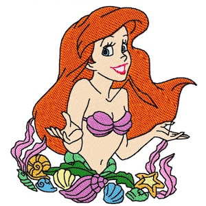 ARIEL WITH SHELLS - Single Machine Embroidery Design for 4x4" hoop in 8 formats **Read Description**