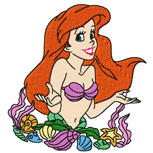 ARIEL WITH SHELLS - Single Machine Embroidery Design for 4x4" hoop in 8 formats **Read Description**