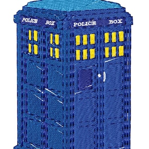 May include: A blue police box with yellow windows and the text "POLICE BOX" on each side.