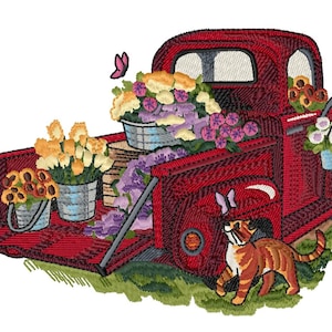 CAMIÓN DE FLORES - Diseño de bordado de una sola máquina para aro de 5x7" en 7 formatos **Leer descripción**