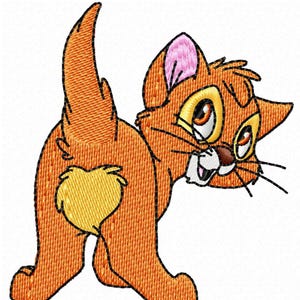 May include: Embroidered orange cat with a yellow heart-shaped patch on its rear. The cat is looking back with wide eyes, a white muzzle, and pink inner ears. Black whiskers and a black outline complete the design.