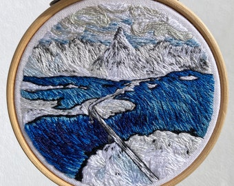 Lofoten embroidery, hand embroidered landscape, Norwegian landscape embroidery, hoop embroidery, embroidered aerial view, home decoration