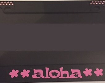 Aloha With Flowery Flowers -  - Black with GEMS in PINK Automotive License Plate Frame - Hawaii Style