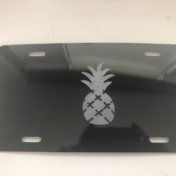 Pineapple in 3D  - Black with Grey License Plate INSERT- I love Hawaii Kokopelli Hawaiian Tribal