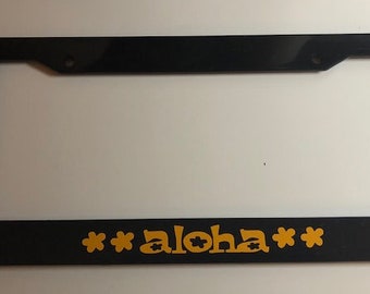 Aloha with Flower Flowery - Black with Yellow License Plate Frame - Hawaii Hula Cute Tropical
