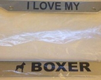 I Love My American Boxer with Doggy Face  - Chrome Automobile License Plate Frame - Bulldog