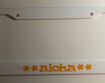 Aloha with Flower Flowery - White with Yellow License Plate Frame - Hawaii Hula Cute Tropical