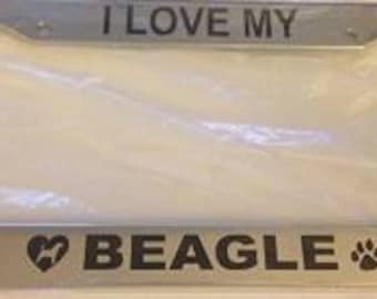 I Love My Beagle with Dog Paw  - Chrome Automobile License Plate Frame - Paw