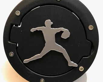 Baseball Pitching in 3D - Black with Grey for Jeep Wrangler JK/JKU flag Gas Cap Cover - HomeRun Grandslam Love Baseball