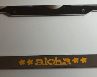 Aloha with Flower Flowery - Chrome with Yellow License Plate Frame - Hawaii Hula Cute Tropical