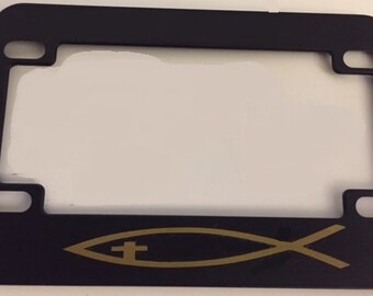 Christian Fish - Black with Gold Motorcycle Scooter License Plate Frame - God Love Peace