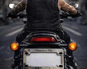 Powered by BitchDust -  Chrome w Various Colors Motorcycle / Scooter License Plate Frame - Fairy Tattoo Bad A55