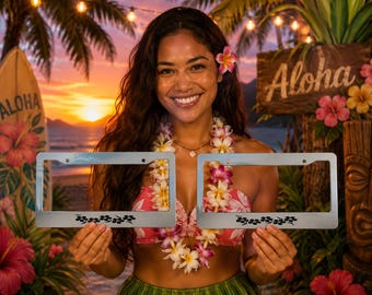 Aloha " Pua Band " Flower - Chrome w Various Colors License Plate Frame - Hawaii Hula Cute Tropical Hawaiian Hibiscus