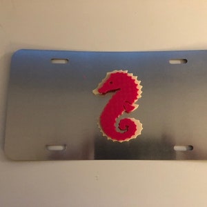 Könnte beinhalten: Ein silbernes Nummernschild aus Metall mit einem ausgeschnittenen Seepferdchen aus rosa Filz.