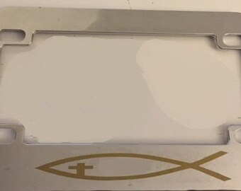 Christian Fish - Chrome with Gold Motorcycle Scooter License Plate Frame - God Love Peace