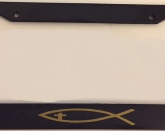 Christian Fish  - Black with Gold Automotive License Plate Frame -  Love Lord Jesus Peace