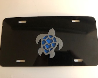 Turtle in 3D  - Grey with Blue Shell -  Black License Plate INSERT- I love Sea Animals Star Fish hawaii Hawaiian seahorse
