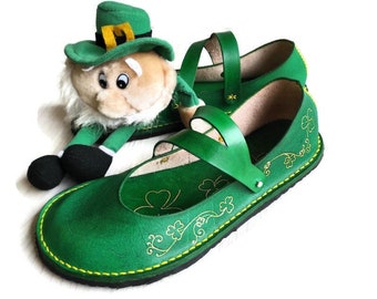 Zielone baleriny Shamrock, damskie, skórzane, z szerokimi noskami
