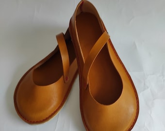 May include: A pair of brown leather shoes with red stitching. The shoes have a simple design with a single strap across the top.
