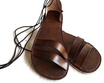 Handgemaakte leren blootsvoets sandalen, veterbandjes, duurzaam comfortabel schoeisel