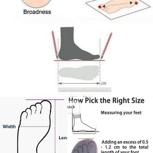 Puede incluir: Diagrama que muestra c&oacute;mo medir el pie para el tama&ntilde;o del calzado. El diagrama muestra c&oacute;mo medir la longitud y el ancho del pie. Tambi&eacute;n muestra c&oacute;mo agregar un extra de 0,5 a 1,2 cm a la longitud total del pie al pedir zapatos.