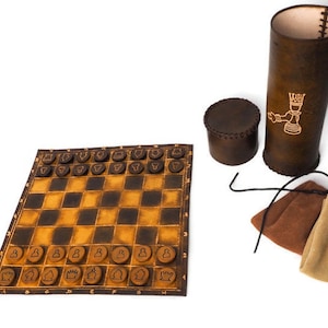Travel chess set, Board game accessories, Mini chess set, Board game storage, Leather chess set, Traveling chess set