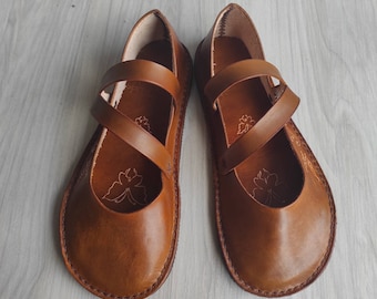 Damskie buty z szerokimi noskami, buty minimalistyczne w niestandardowym rozmiarze, buty boso o naturalnym kształcie stopy, baletki, brązowe buty