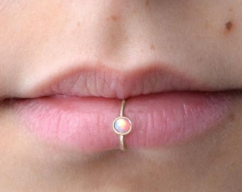 Gold 3mm Purple Opal Fake Lip Ring / Lip Cuff, Faux Lip Piercing, Lip Hoop, Clip on Lip Ring