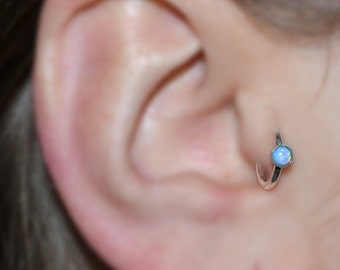 Silver TRAGUS EARRING / 3mm blue opal tragus ring 16g, helix piercing, nose ring, helix earring, cartilage earring hoop, conch earring