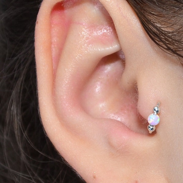 Silver TRAGUS EARRING 3mm White Opal / nose hoop 20g, cartilage earring, tragus jewelry, helix earring, nose ring, small hoop earring,